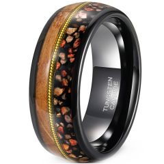 ***COI Tungsten Carbide Black Gold Tone Wire Ring With Koa Wood & Dinosaur Bone-01910A