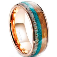 ***COI Rose Tungsten Carbide Turquoise Deer Antler & Koa Wood Dome Court Ring-01912A