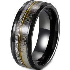 ***COI Tungsten Carbide Black Gold Tone Wire Ring With Deer Antler & Meteorite-01922A