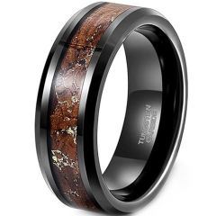 ***COI Black Tungsten Carbide Beveled Edges Ring With Koa Wood & Gold Foil-01924A