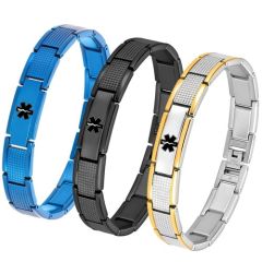 ***COI Titanium Blue/Black/Gold Tone Silver Medical Alert Bracelet With Steel Clasp(Length: 8.27 inches)-01934A
