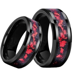 ***COI Black Tungsten Carbide Beveled Edges Ring With Meteorite & Red Coral-01938A