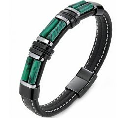 ***COI Titanium Black Silver Green Malachite/Tiger Eye Genuine Leather Bracelet With Steel Clasp(Length: 8.27 inches)-01951A