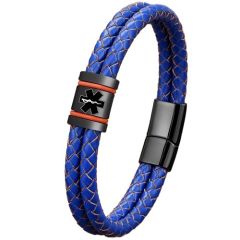 ***COI Black Titanium Medical Alert Genuine Leather Bracelet With Steel Clasp(Length: 8.27 inches)-01953A