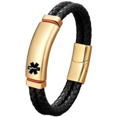 ***COI Titanium Black/Gold Tone/Silver Medical Alert Genuine Leather Bracelet With Steel Clasp(Length: 8.27 inches)-01955A