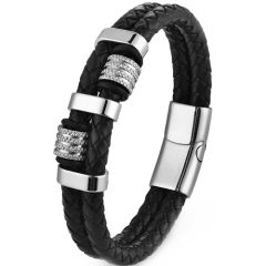 ***COI Titanium Black/Gold Tone/Silver Genuine Leather Bracelet With Steel Clasp(Length: 9.06 inches)-01968A