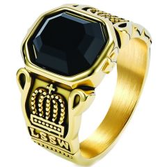 ***COI Titanium Black/Gold Tone/Silver Crown Ring With Black Onyx-01973A