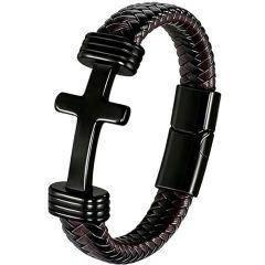***COI Titanium Black/Gold Tone/Silver Cross Genuine Leather Bracelet With Steel Clasp(Length: 9.06 inches)-01979A