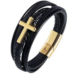 ***COI Titanium Black/Gold Tone/Silver Cross Genuine Leather Bracelet With Steel Clasp(Length: 8.46 inches)-01981A