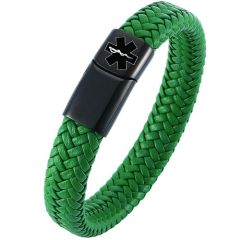 ***COI Black Titanium Medical Alert Genuine Leather Bracelet With Steel Clasp(Length: 8.27 inches)-01982A
