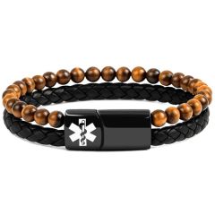 ***COI Black Titanium Tiger Eye Medical Alert Genuine Leather Bracelet With Steel Clasp(Length: 8.27 inches)-02006A