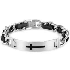 ****COI Titanium Black/Gold Tone Silver Genuine Leather Cross Bracelet With Steel Clasp(Length: 8.27 inches)-02038A