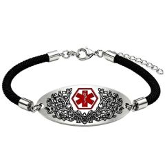 ****COI Titanium Black Silver Medical Alert Genuine Leather Bracelet With Steel Clasp(Length: 8.27 inches)-02042A
