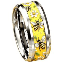 ****COI Titanium Bee & Floral Beveled Edges Ring-02049A