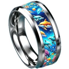 ****COI Titanium Dolphin Sea & Shell Beveled Edges Ring-02051A