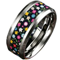 ****COI Titanium Black Rainbow Floral Beveled Edges Ring-02063A