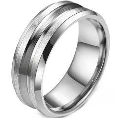 ****COI Titanium Black Silver/Silver Center Groove Beveled Edges Ring-02085A
