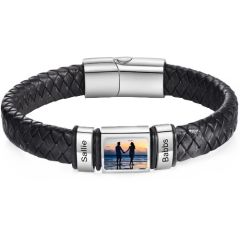 ****COI Titanium Black Silver Custom Photo & Engraving Genuine Leather Bracelet With Steel Clasp(Length: 8.27 inches)-02116A