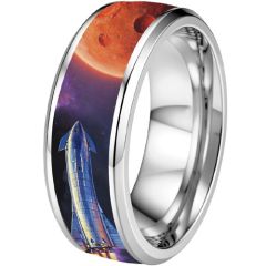 ****COI Titanium Black/Silver Rocket & Space Beveled Edges Ring-02133A