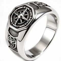 ****COI Titanium Black Silver Compass & Celtic Ring-02134AA