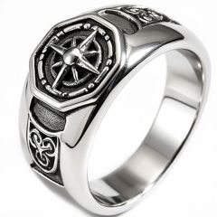 ****COI Titanium Black Silver Compass & Celtic Ring-02134AA