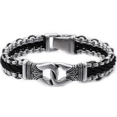 ****COI Titanium Black Silver Genuine Leather Bracelet With Steel Clasp(Length: 8.66 inches)-02155A
