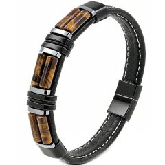 ****COI Titanium Black Silver Tiger Eye/Green Malachite Genuine Leather Bracelet With Steel Clasp(Length: 9.06 inches)-02158A