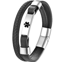 ****COI Titanium Black/Silver Medical Alert Genuine Leather Bracelet With Steel Clasp(Length: 8.27 inches)-02159A