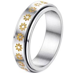 ****COI Titanium Gold Tone Silver Sunflower Rotating Ring-02163A