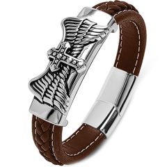 ****COI Titanium Cross Genuine Leather Bracelet With Steel Clasp(Length: 8.27 inches)-02177A