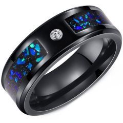 ****COI Black Tungsten Carbide Cubic Zirconia Ring With Meteorite & Crushed Opal-02185A