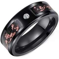 ****COI Black Tungsten Carbide Cubic Zirconia Ring With Meteorite & Rose Gold Foil-02188A