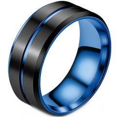 ****COI Titanium Black Blue Center Groove Beveled Edges Ring-02193A