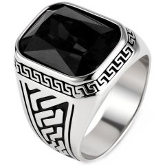 ****COI Titanium Greek Key Pattern Ring With Black Onyx/Created Red Ruby/Green Emerald-02207A