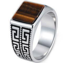 ****COI Titanium Black Silver Greek Key Pattern Ring With Turquoise/Tiger Eye/Black Onyx-02215A