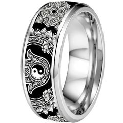 ****COI Titanium Black/Silver Ying Yang Beveled Edges Ring-02219A