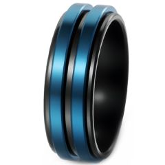 ****COI Titanium Black Blue/Blue Gold Tone Silver Center Groove Step Edges Ring-02234A