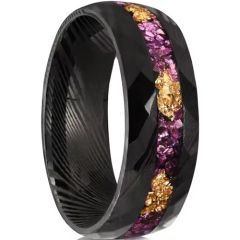 ****COI Black Tungsten Carbide Faceted Damascus Ring With Purple Amethyst & Gold Foil-02236A
