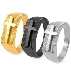 ****COI Titanium Black/Silver/Gold Tone Cross & Grooves Ring-002252A
