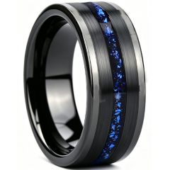 ****COI Black Tungsten Carbide Ring With Meteorite & Created Blue Sapphire-02261A