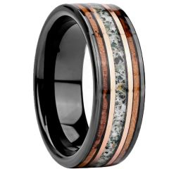 ****COI Tungsten Carbide Black Gold Tone Ring With Deer Antler & Koa Wood-02263A