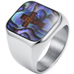 ****COI Titanium Black/Gold Tone/Silver Cross Ring With Abalone Shell & Koa Wood-02268A