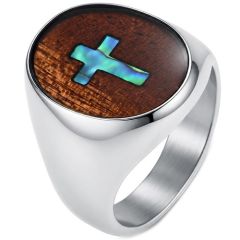 ****COI Titanium Black/Gold Tone/Silver Cross Ring With Abalone Shell & Koa Wood-02269A