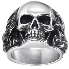 ****COI Titanium Black Silver Skull Ring-02270A