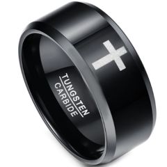 *COI Black Tungsten Carbide Cross Beveled Edges Ring - TG3537