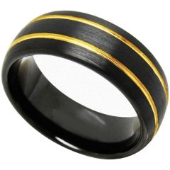 **COI Tungsten Carbide Black Gold Tone Double Grooves Dome Court Ring-TG3593