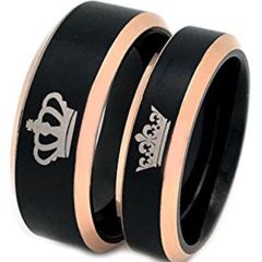 COI Tungsten Carbide Black Rose King Queen Crown Ring - TG4651