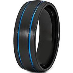 *COI Tungsten Carbide Black Blue Double Grooves Ring - TG4372