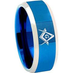 *COI Tungsten Carbide Blue Silver Masonic Beveled Edges Ring - TG4685BB