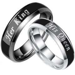 *COI Tungsten Carbide Black Silver Her King His Queen Beveled Edges Ring-5441